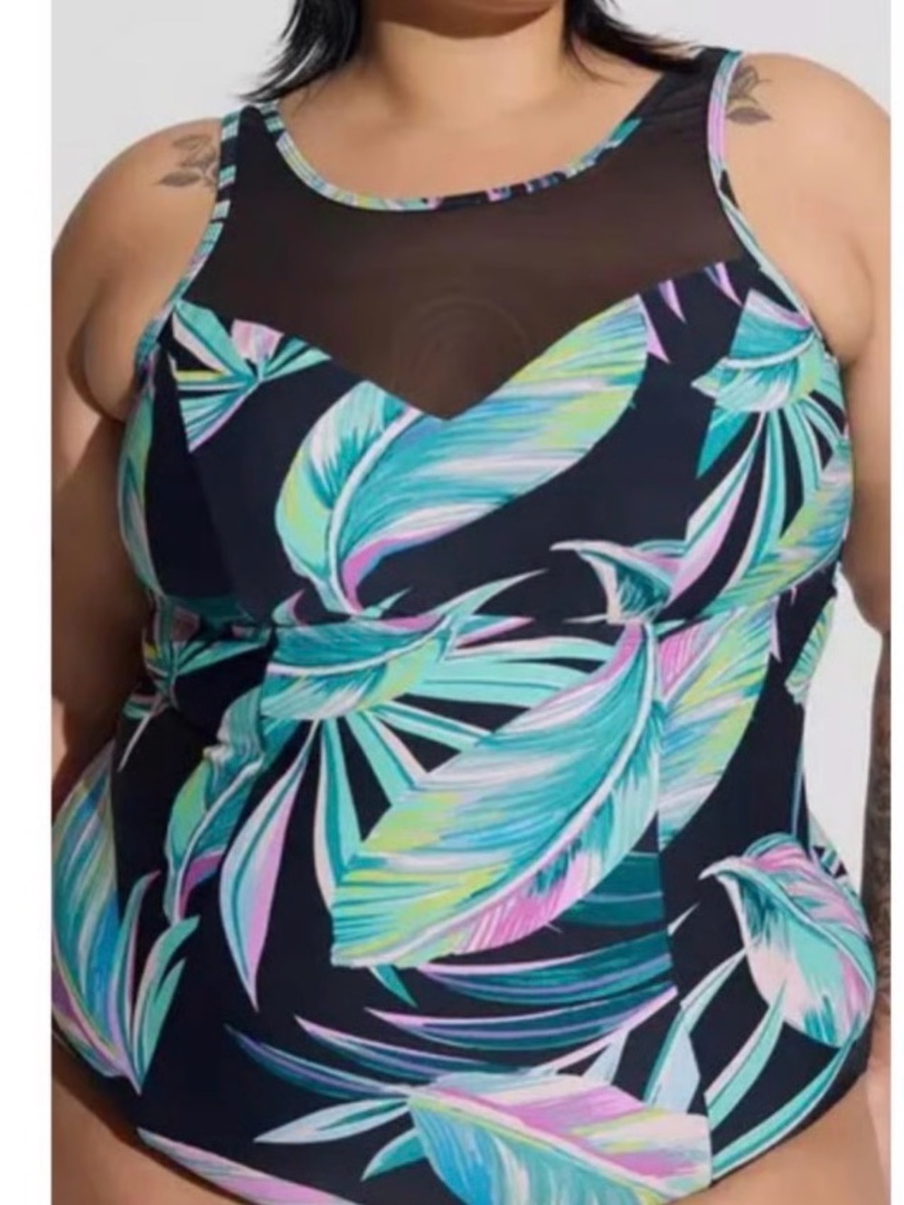 torrid Black One-Piece Swimsuit with Teal, Aqua & Pink Tropical Leaves